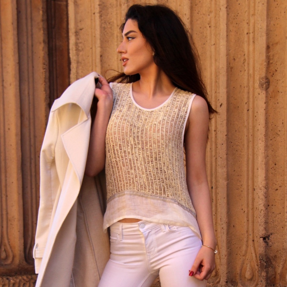 Maurizio leather and linen laser cut top.